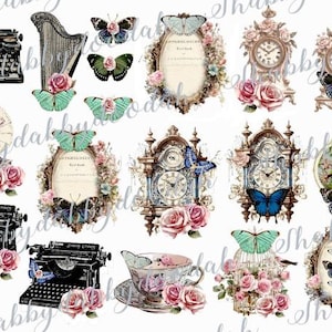 Op de afbeelding: Een verzameling digitale afbeeldingen in vintage stijl met vlinders, klokken, typemachines, een grammofoon, een harp en een theekopje. De afbeeldingen zijn versierd met roze rozen en bloemaccenten, wat een romantische en antieke uitstraling creëert.