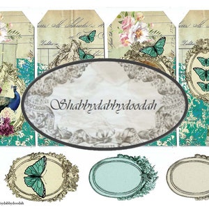 Página e etiquetas de colagem FLORAL de pavão turquesa de 3 páginas com páginas BG Cartões de diário para impressão - diários, scrapbooks, fabricação de cartões
