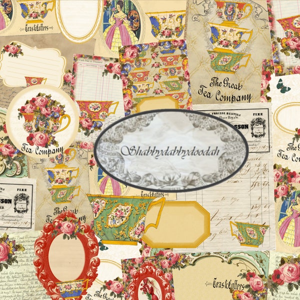 HUGE 29 Page HIGH TEA -  Tea & Roses Junk Journal Printable Kit Vintage Images Tickets Tags Pockets  - complete digital Digi Fussy Cuts