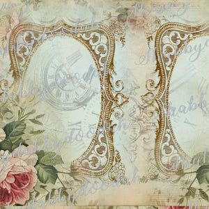 May include: A decorative paper sheet featuring two ornate gold-colored frames set against a pale background with a faint clock face, musical notes, and soft floral illustrations including pink roses and green leaves, with a watermark overlay.