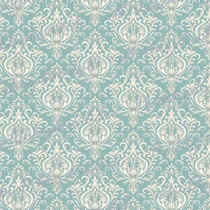 May include: A seamless pattern featuring a repeating design of intricate white damask on a light blue background.