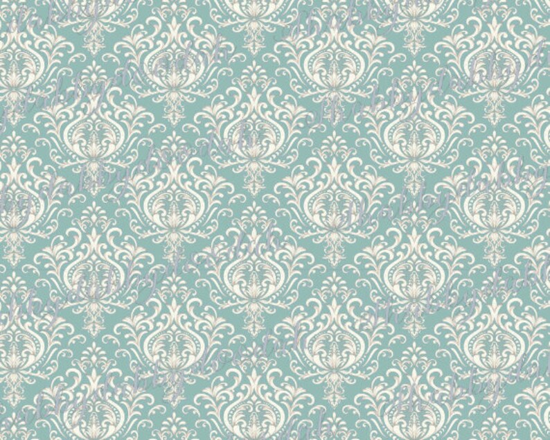 May include: A seamless pattern featuring a repeating design of intricate white damask on a light blue background.