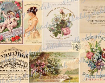 Puede incluir: Un collage de anuncios e ilustraciones vintage. Las imágenes incluyen arreglos florales, un retrato de una mujer y texto que promociona varios productos. La paleta de colores es suave, con tonos apagados y un enfoque en temas botánicos y cosméticos.