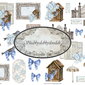 7 Pg BLUE BIRDS & BLOSSOMS Temático Cortes exigentes Cartões de diário para impressão - Criação de cartões Etiquetas efêmeras Conjunto completo de etiquetas