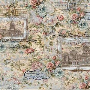 K&ouml;nnte beinhalten: Ein Vintage-Hintergrund mit floralem Muster und zwei gerahmten Bildern von Geb&auml;uden. Das obere Bild zeigt das Kapitol in Washington, D.C. Das untere Bild zeigt ein Geb&auml;ude mit einer Kuppel. Der Text "Bought of Paine Furniture Co." ist in der Mitte des Bildes sichtbar.