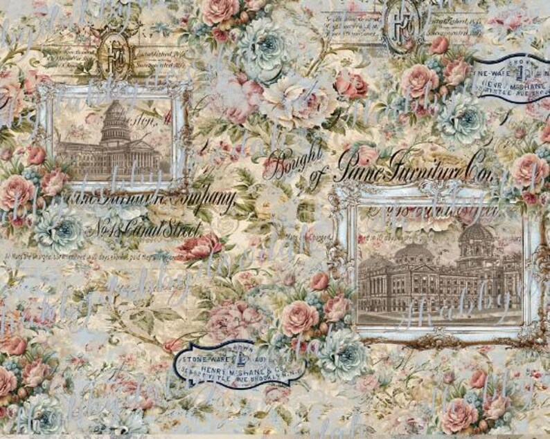 K&ouml;nnte beinhalten: Ein Vintage-Hintergrund mit floralem Muster und zwei gerahmten Bildern von Geb&auml;uden. Das obere Bild zeigt das Kapitol in Washington, D.C. Das untere Bild zeigt ein Geb&auml;ude mit einer Kuppel. Der Text "Bought of Paine Furniture Co." ist in der Mitte des Bildes sichtbar.
