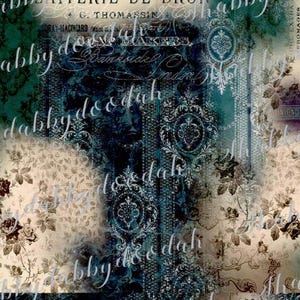 May include: A digital collage paper featuring a dark teal and cream color palette with intricate damask patterns, vintage floral motifs, and French typography. The design includes text such as G. THOMASSIN, SOAP MAKERS, and LAITE, layered with ornate borders.
