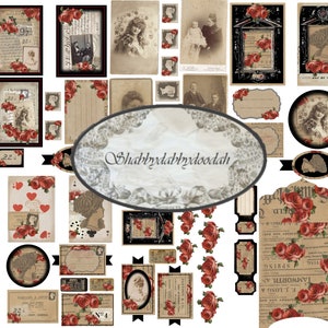 VICTORIAN PARLOUR 6 Pg Vintage Ephemera Set Delicate Pink Roses Tags Journaling Cards Junk Journal Printable Journals Card Making image 1