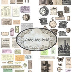 Relógios de 4 páginas, relógios com tema vintage, cortes exigentes, conjunto de cartões, notecards, efêmera, papelada, ingressos, efêmeras