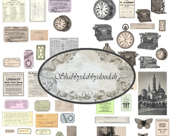 May include: A collection of vintage ephemera, including tickets, postcards, maps, and advertisements. The ephemera features a variety of designs and colors, including black, white, brown, and green. The ephemera is arranged in a collage style, with some pieces overlapping. The ephemera is perfect for scrapbooking, card making, and other craft projects.