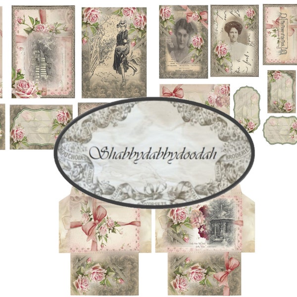 Edwardian Supper Notecards Envelopes & Labels Fussy Cuts -  Flowers Postcards Vintage Themed Fussy Cuts paperwork Tickets Roses Ladies Pink