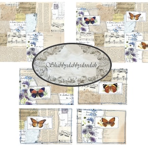 3 pagine x Collage MARGHERITA BLU + Carte di giornale Farfalla Sfondo Pagine Carta vintage Diario spazzatura Collage stampabile - Diari Carta Digi