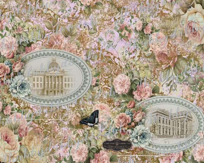 K&ouml;nnte beinhalten: Ein Vintage-Blumenmuster mit goldenem Hintergrund. Zwei ovale Rahmen mit Architekturzeichnungen von Geb&auml;uden sind abgebildet. Die Rahmen sind mit einem blauen und wei&szlig;en Rand verziert. Ein Schmetterling mit schwarzen Fl&uuml;geln befindet sich in der Mitte des Bildes.
