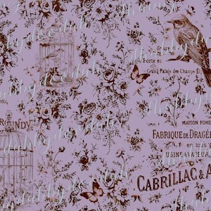 May include: A lavender-colored floral pattern with brown accents. The design includes illustrations of birds, butterflies, birdcages, and vintage French text. The overall theme is a romantic, vintage aesthetic.