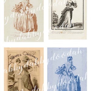 Może przedstawiać: Cztery vintage ilustracje kobiet w r&oacute;żnych stylach sukienek. Ilustracje są w czerni i bieli oraz w sepii. Ilustracje pochodzą z książki lub czasopisma o modzie.