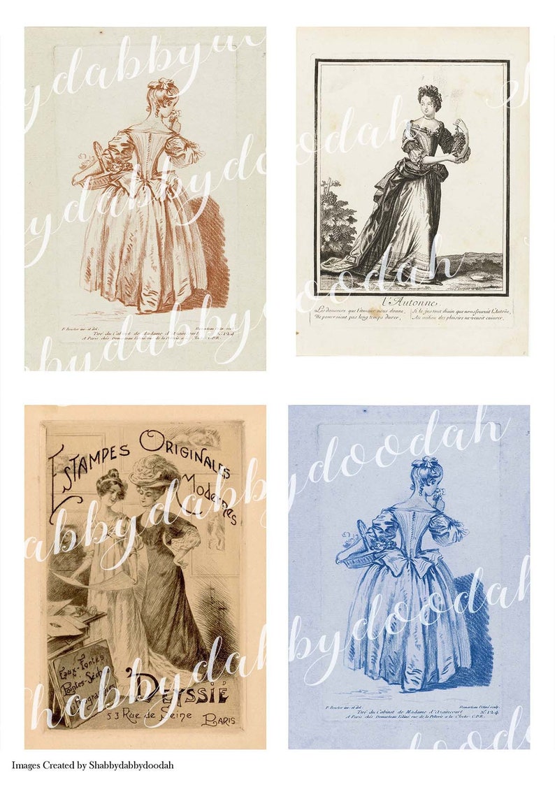 Może przedstawiać: Cztery vintage ilustracje kobiet w r&oacute;żnych stylach sukienek. Ilustracje są w czerni i bieli oraz w sepii. Ilustracje pochodzą z książki lub czasopisma o modzie.