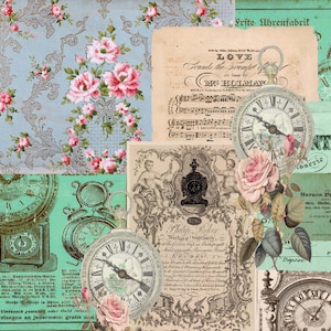 42 Pg COLLECTION D'HORLOGES Belles horloges, montre de poche, pages d'arrière-plan à impression numérique sur le thème, cartes journalières, journal indésirable imprimable rose