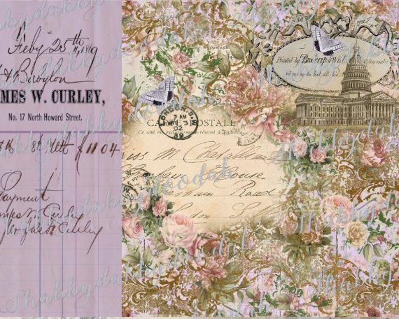 K&ouml;nnte beinhalten: Eine Vintage-Postkarte mit floralem Design und einer handschriftlichen Nachricht. Die Postkarte zeigt eine Zeichnung des US-Kapitols und den Text "Printed by Bae erip wil".