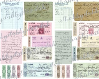 May include: A collection of vintage ephemera, including receipts, letters, and postcards. The items are in various shades of pink, blue, and green, with handwritten text and decorative flourishes. The text includes the words "Richmond Bros. Ltd." and "Wright's Biscuits Ltd."