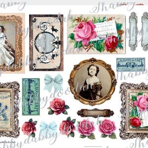May include: A collection of vintage-style digital images featuring portraits, roses, bows, and decorative frames. The images include a portrait of a woman in a gold frame, a postcard with roses, and a blue and white soap label.