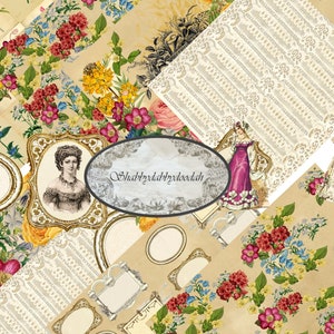 May include: A digital collage sheet with a vintage aesthetic featuring floral patterns, ornate frames, and images of women in period clothing. The text "Shadyladydoodah" is included in the design.