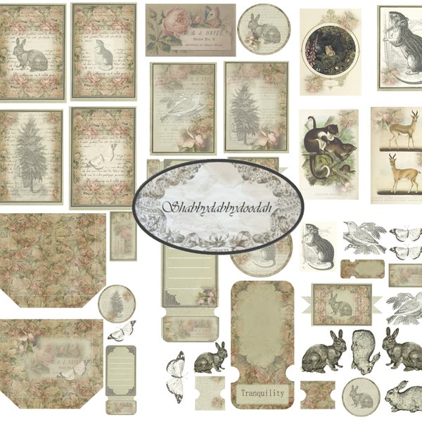 6 Page WOODLAND WONDERS Vintage Ephemera Set Floral Rabbits Woods Tickets Tags Journaling Cards Junk Journal Printable Journals Scrapbooking