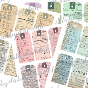 May include: A collection of rectangular paper tags featuring vintage-style typography, cursive handwriting, and ledger-style lines. The tags are printed in various pastel colors including pink, blue, green, and cream, each with a reinforced hole at the top.