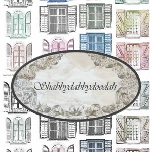 May include: A digital collage of 18 vintage window images with shutters in various colors and styles. The windows are set against a white background. The text "Shabbydabbdydoodah" is in the center of the image.