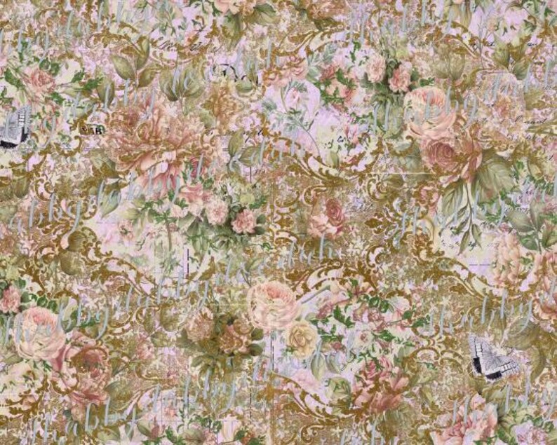 K&ouml;nnte beinhalten: Ein Vintage-Blumenmuster mit rosa, wei&szlig;en und gelben Blumen auf einem hellvioletten Hintergrund. Das Muster ist mit einem goldenen Filigran-Design &uuml;berlagert.
