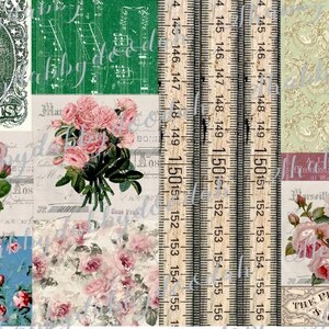 May include: A digital collage sheet featuring vintage-style elements including pink rose bouquets, green musical notation, a portrait of George Washington on a green background, and a vertical wooden ruler showing measurements from 145 to 156 centimeters.