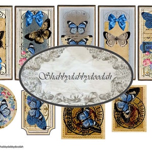 4 pg BORBOLETA AZUL Vintage Envelope Azul Cortes agitados Cartões de diário lixo para impressão - Conjunto de etiquetas efêmeras