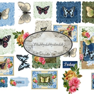 70 peças Vintage The BUTTERFLY HOUSE DIGITAL Fussy Cuts Conjunto de cartões de diário, papelada efêmera, ingressos, anúncios, rosas, casa de bonecas, flor