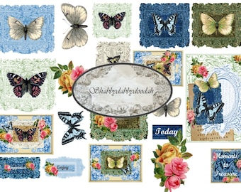 70 pc Vintage The BUTTERFLY HOUSE DIGITAL Fussy Cuts Set of journalling cards ephemera paperwork Tickets Adverts Roses Dollshouse  flower