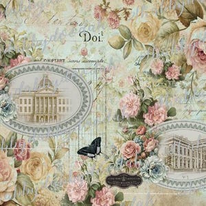 K&ouml;nnte beinhalten: Ein Bild im Vintage-Stil mit einem floralen Hintergrund und zwei ovalen Rahmen. Die Rahmen enthalten Illustrationen von Geb&auml;uden mit kunstvollen Details. Der Text "COMPTANT sans escompte" ist in der oberen rechten Ecke sichtbar.