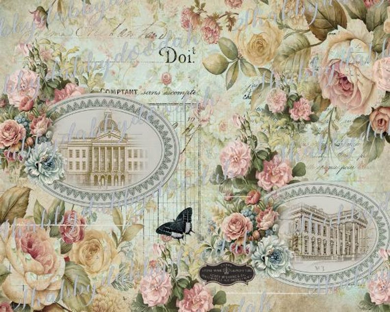 K&ouml;nnte beinhalten: Ein Bild im Vintage-Stil mit einem floralen Hintergrund und zwei ovalen Rahmen. Die Rahmen enthalten Illustrationen von Geb&auml;uden mit kunstvollen Details. Der Text "COMPTANT sans escompte" ist in der oberen rechten Ecke sichtbar.