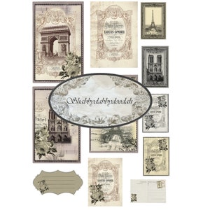 43 peças GALERIA DE PARIS Coisas Efêmeras Vintage Parisiense Francês Temático Cartões Postais Envelopes Etiquetas de Bilhetes Journaling Junk Journal Imprimível Cartão Fazendo