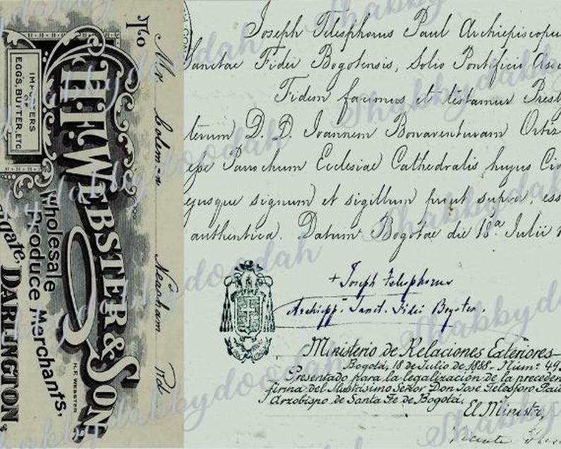 Peut inclure: Une carte postale vintage avec une lettre manuscrite &agrave; l'encre noire. La lettre est adress&eacute;e &agrave; "Mr. Coleman" et sign&eacute;e "Joseph Telephone Tant Archibishop, Sant. Fitei, Bogota." La carte postale comprend &eacute;galement un timbre avec un blason et le texte "Ministerio de Relaciones Exteriores Bogota, 18 de Julio de 1888 - Num: 49."