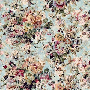 May include: A floral pattern featuring a variety of roses and other flowers in shades of pink, yellow, and burgundy, set against a light blue background. The design includes detailed leaves and ornate scrollwork, creating a vintage aesthetic.