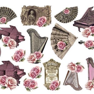 May include: A collage of vintage musical instruments and decorative elements. Features include a piano, harp, violin, and fans, each adorned with pink roses. A framed portrait and a decorative sign are also present.