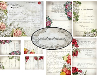 VICTORIAN VINTAGE floral themed set Letters & Papers of journalling cards notecards ephemera paperwork Handwritten Letters 1800's