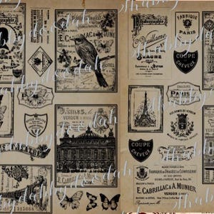 May include: A collage of vintage-style ephemera in sepia tones. The design features various labels, stamps, and illustrations, including butterflies, a bird, the Eiffel Tower, and architectural sketches. The text includes French words and phrases.