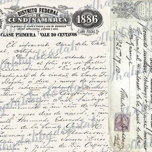 Peut inclure: Un document vintage avec du texte estomp&eacute; et des d&eacute;tails complexes. Le document est intitul&eacute; "Distrito Federal de Cundinamarca" et comprend l'ann&eacute;e 1886. Le texte est en espagnol et comprend les mots "Clase Primera Vale 20 Centavos".
