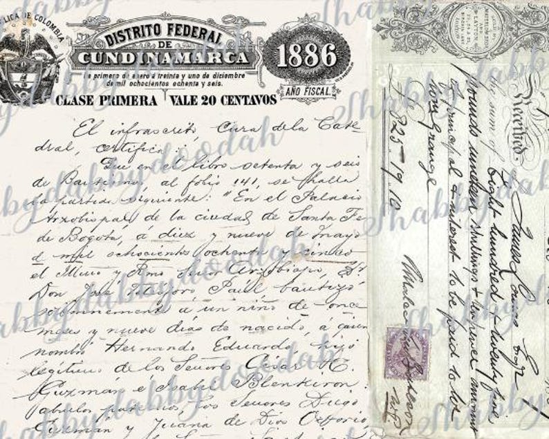 Peut inclure: Un document vintage avec du texte estomp&eacute; et des d&eacute;tails complexes. Le document est intitul&eacute; "Distrito Federal de Cundinamarca" et comprend l'ann&eacute;e 1886. Le texte est en espagnol et comprend les mots "Clase Primera Vale 20 Centavos".