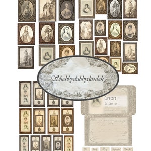 May include: A collection of vintage-style framed portraits of people in various poses. The frames are ornate and have a distressed, aged look. The frames are arranged in a grid pattern on a white background. The text "Shabbydabbdydoodah" is written in a decorative font on a circular label. The text "Curators Collection" is written in a decorative font on a rectangular label.