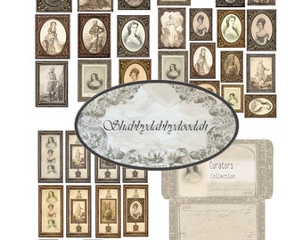 May include: A collection of vintage-style framed portraits of people in various poses. The frames are ornate and have a distressed, aged look. The frames are arranged in a grid pattern on a white background. The text "Shabbydabbdydoodah" is written in a decorative font on a circular label. The text "Curators Collection" is written in a decorative font on a rectangular label.