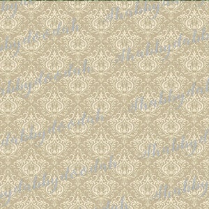 May include: A seamless pattern featuring a beige background with a white damask design. The pattern is intricate and elegant, with a repeating motif of stylized flowers and leaves.
