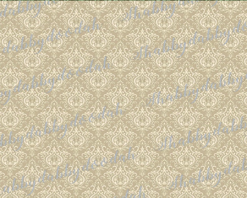 May include: A seamless pattern featuring a beige background with a white damask design. The pattern is intricate and elegant, with a repeating motif of stylized flowers and leaves.