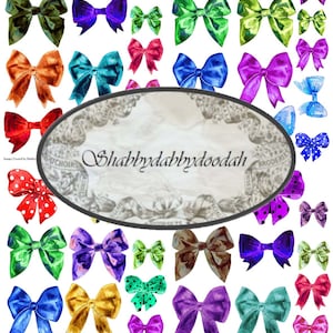 May include: A collection of 40 watercolor illustrations of colorful bows with polka dots. The bows are in various colors, including red, blue, green, purple, yellow, and orange. The bows are arranged in a random pattern on a white background. The text "Shabbydabbdydoodah" is in the center of the image.