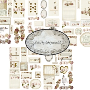 VINTAGE NOTES vintage Ephemera Set Roses romantiques Billets Tags Cartes de journalisation Junk Journal Journaux imprimables Fabrication de cartes