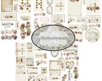 VINTAGE NOTES Vintage Ephemera Set Romantic Roses Tickets Tags Journaling Cards Junk Journal Printable Journals Card Making